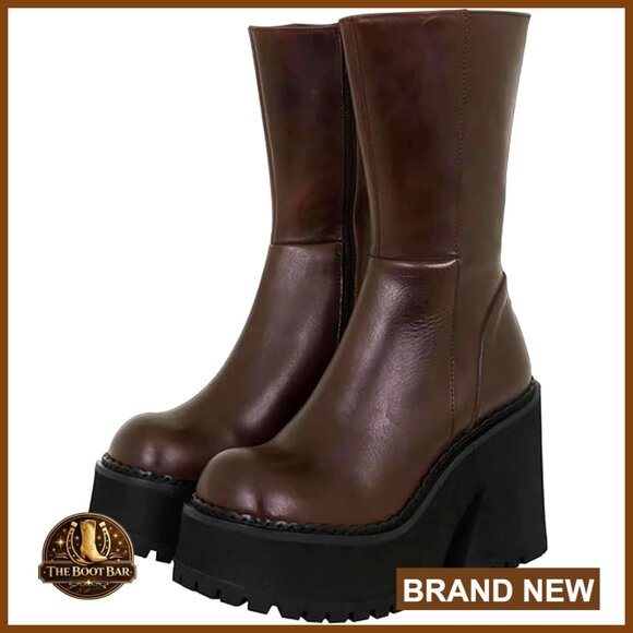 Shoes - Wedge Heel Ankle Boots Platform Zipper Punk Motorcycle Booties Chunky Block